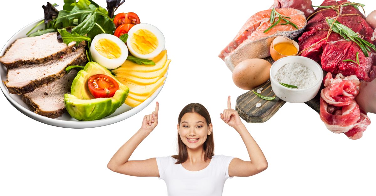 A plate with keto foods and the other plate filled with meats and fish